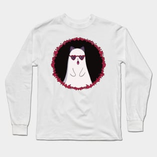 white cat ghost heart glasses halloween coquette dollette Long Sleeve T-Shirt